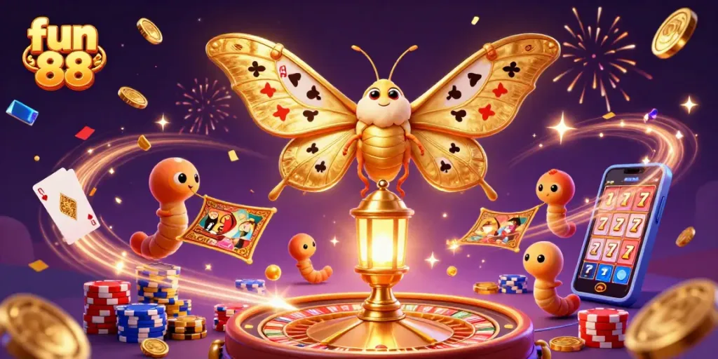 Play thrilling casino games with fun 88 featuring vibrant 3D illustrations of a moth and gaming elements.