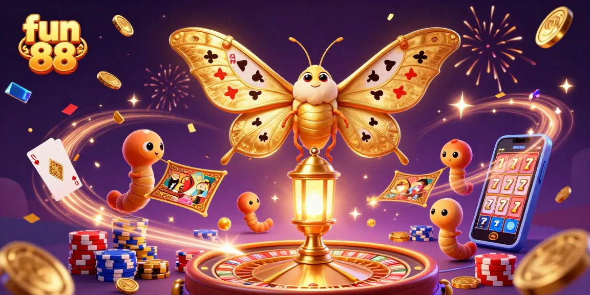 Play thrilling casino games with fun 88 featuring vibrant 3D illustrations of a moth and gaming elements.