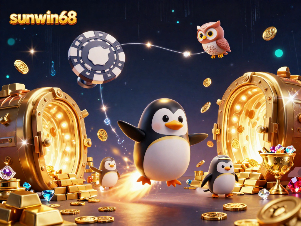 Experience the thrill of gambling at sunwin68, featuring a golden penguin and treasure in a cosmic casino.