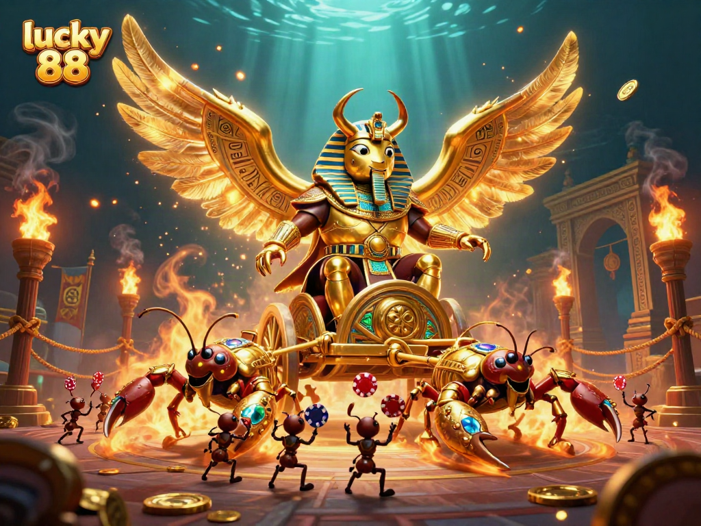 Experience the excitement of lucky 88 with a dynamic 3D casino scene featuring a golden scarab and scorpion chariot.