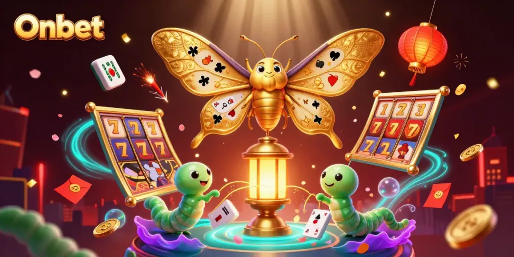 Engage with Onbet's vibrant casino ambiance rich with golden elements and festive game visuals.