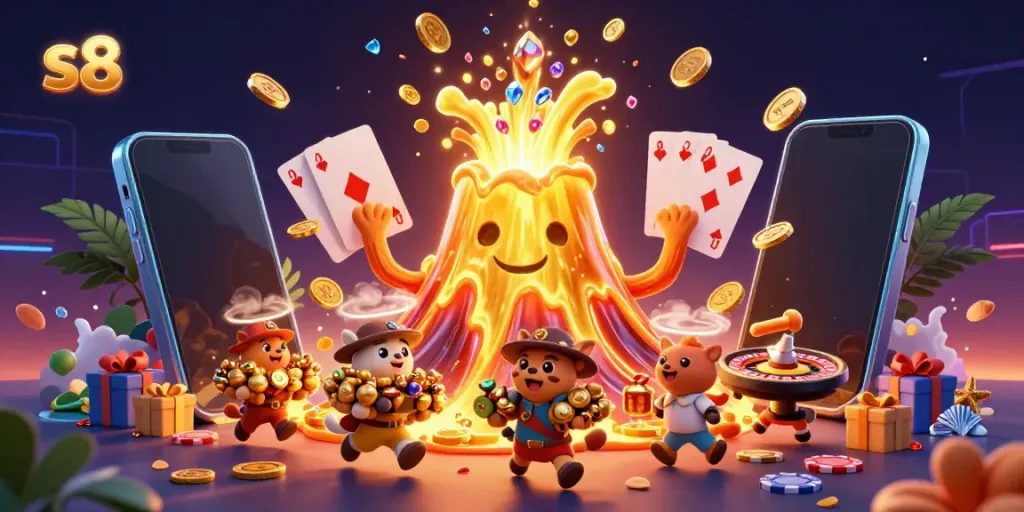 Experience thrilling gaming action at s8 with a golden volcano spewing treasures in a vibrant digital casino scene.