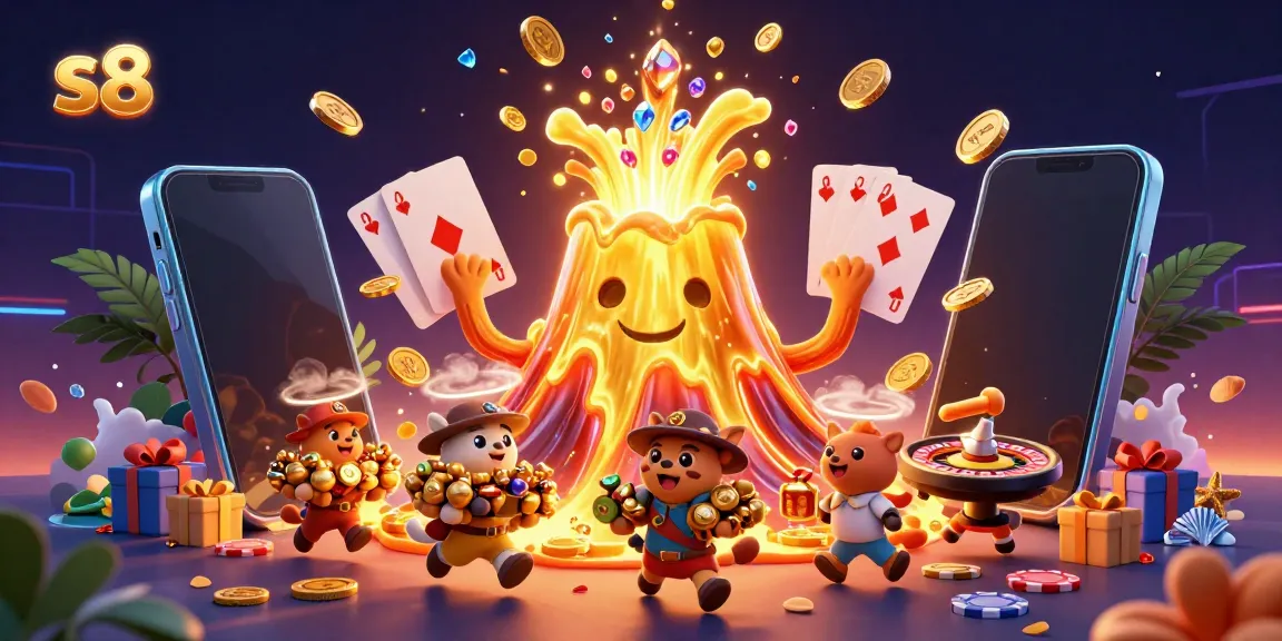 Experience thrilling gaming action at s8 with a golden volcano spewing treasures in a vibrant digital casino scene.