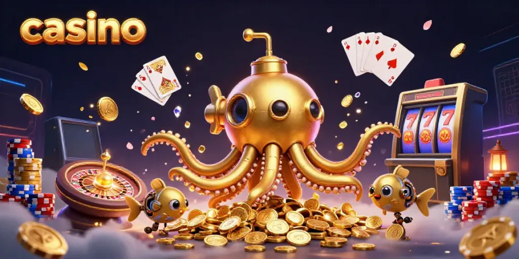 Experience the excitement of casino gaming with a golden kraken submarine among treasures and vibrant elements.
