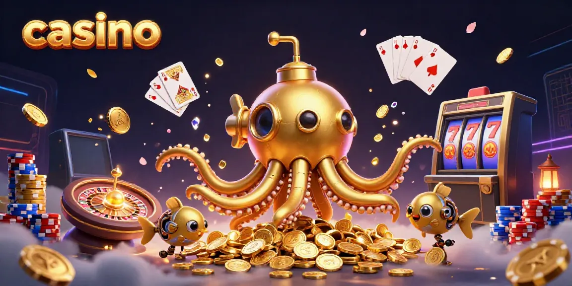 Experience the excitement of casino gaming with a golden kraken submarine among treasures and vibrant elements.
