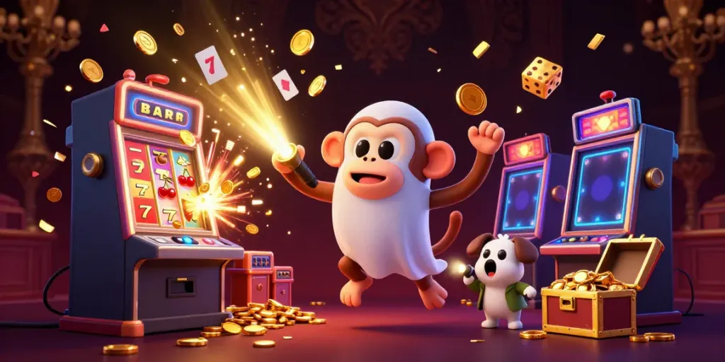 Catch the excitement of slot resmi with a playful poltergeist monkey and intrigued puppy in a vibrant casino scene.