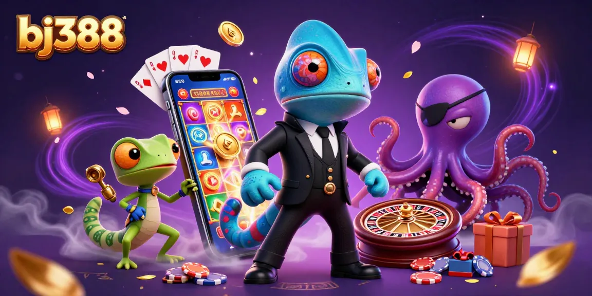 Experience the thrill of bj388 with dynamic casino elements and vibrant characters in this captivating illustration.