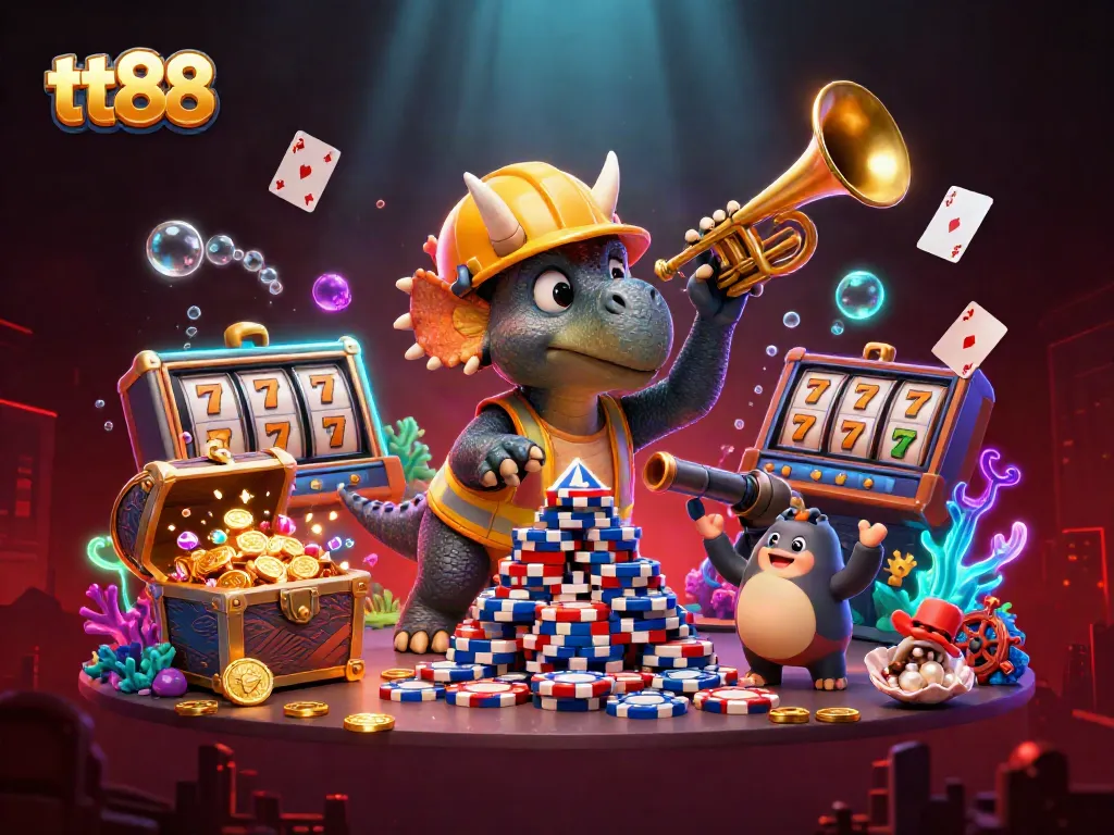 Win big at tt88 with cheerful dinosaur characters and vibrant casino elements exploding with excitement.