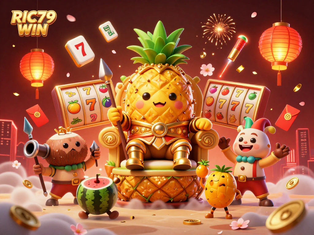 Experience the thrilling world of RIC79 WIN with vibrant slot reels and exciting casino elements.