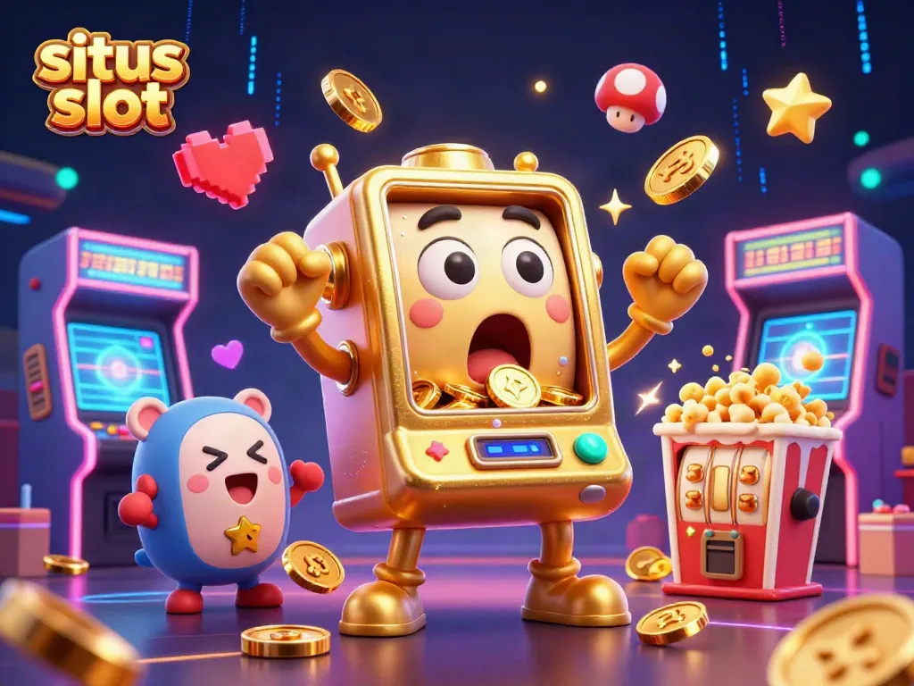 Situs slot illustration featuring energetic slot machine characters hitting jackpots with exciting game elements.