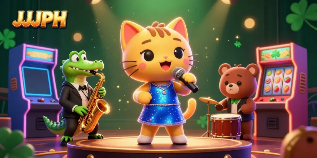 Experience JJJPH's vibrant casino atmosphere with a jazz-singer cat, crocodile, and bear, amidst glowing slot reels.