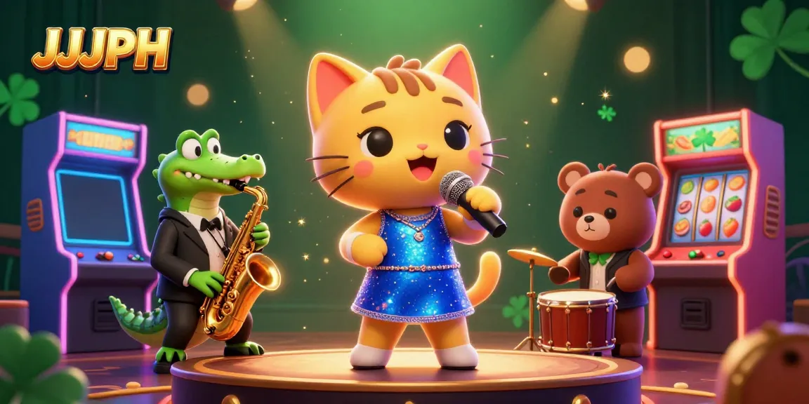 Experience JJJPH's vibrant casino atmosphere with a jazz-singer cat, crocodile, and bear, amidst glowing slot reels.