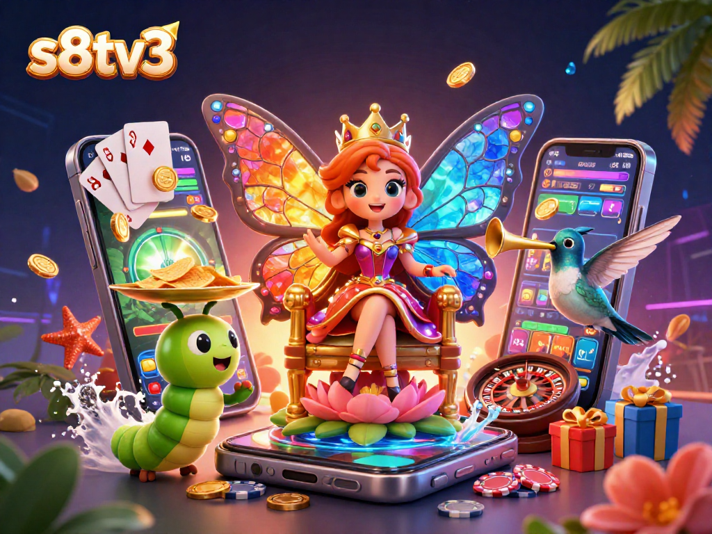 S8TV3 showcases a vibrant casino scene with a butterfly queen, chips, and a betting smartphone.