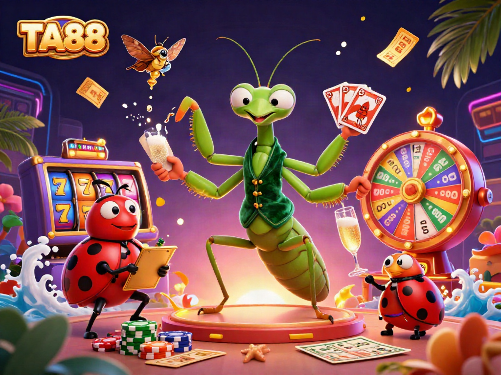 Experience exhilarating gaming action at TA88 with dynamic casino characters and vibrant slot elements.