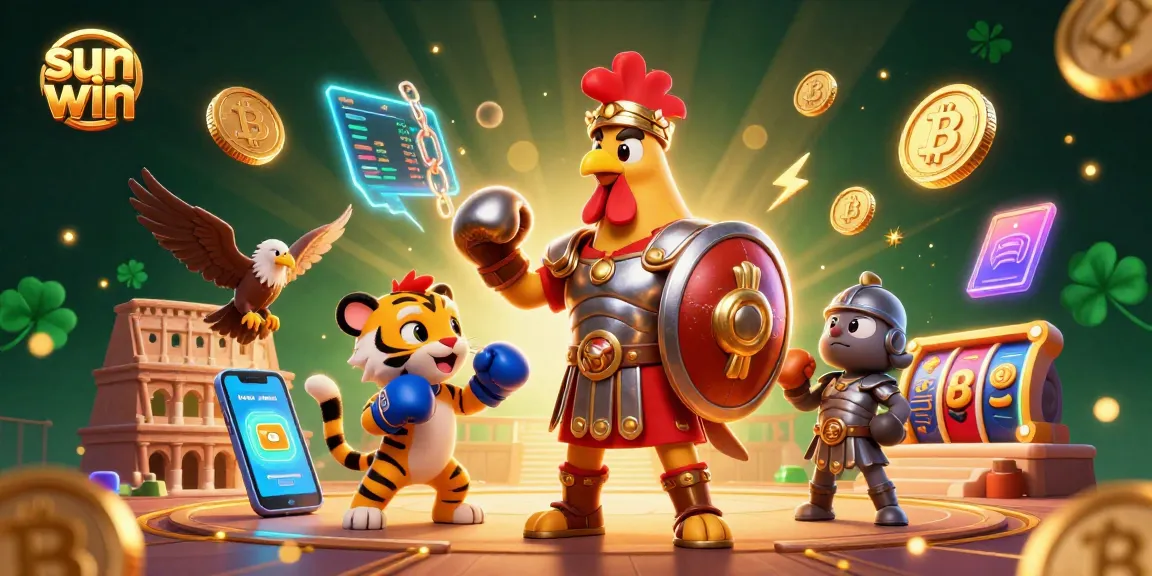 Engage in thrilling gameplay at sun win with the gladiator rooster and tiger cub in a dynamic 3D illustration.