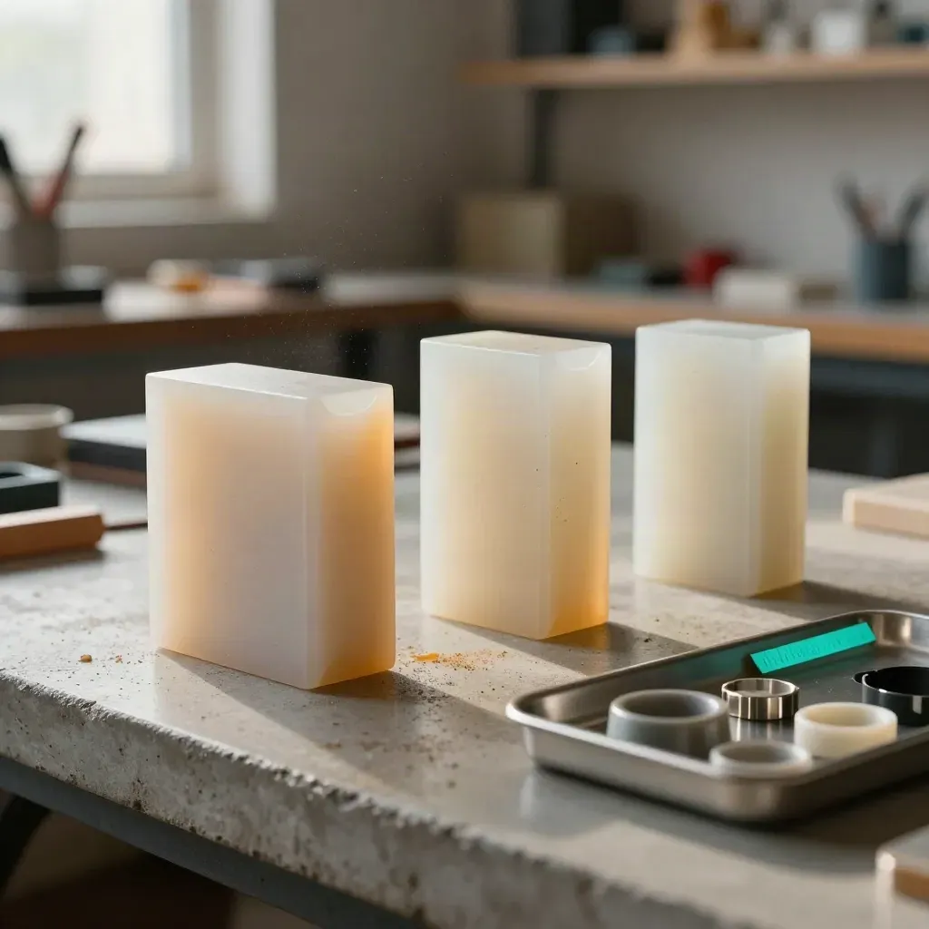 Three resin product prototypes and sample parts on a concrete bench in a maker studio.
