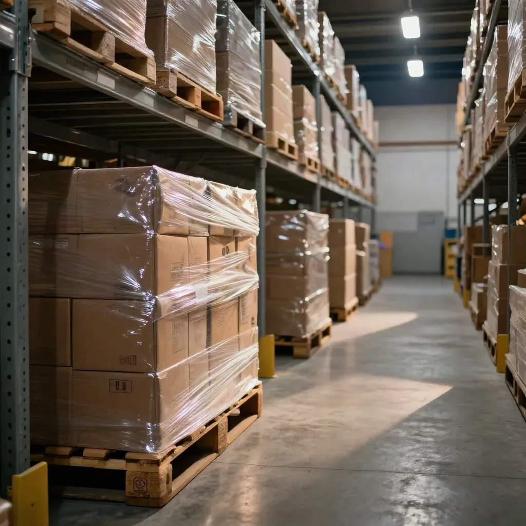 Warehouse aisle stocked with sealed cartons, wrapped pallet stacks, and warm industrial light.