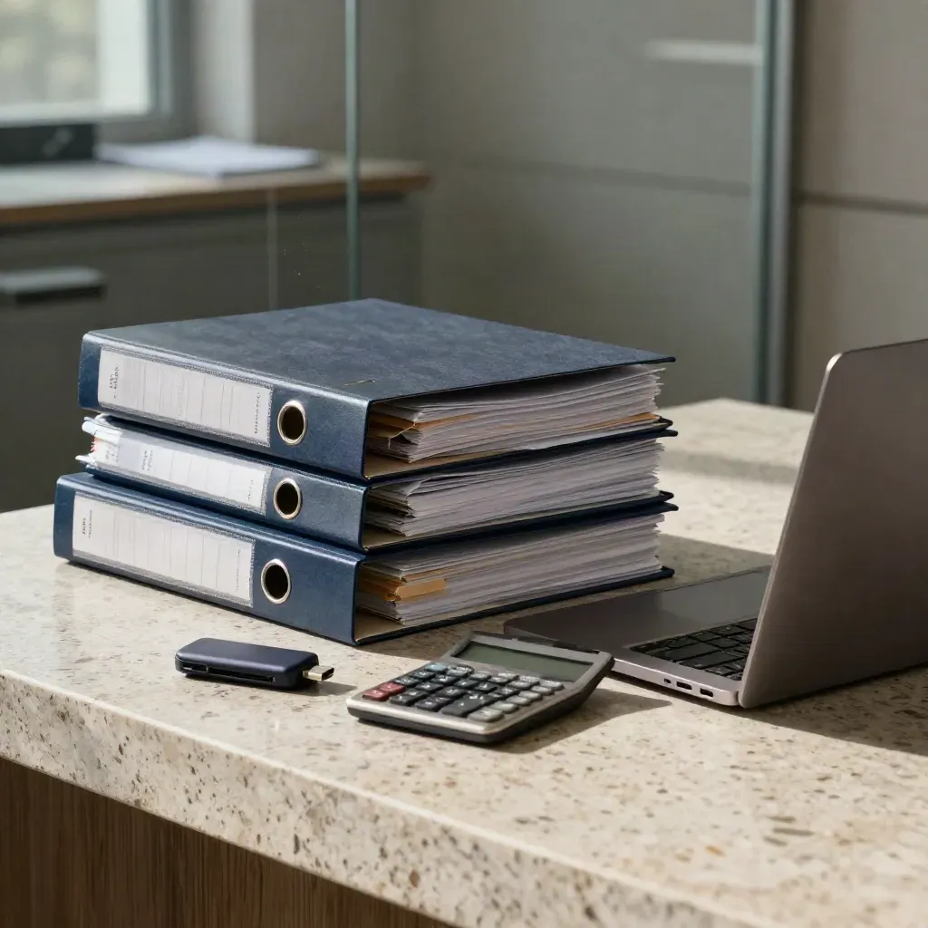 Travertine counter with binders, calculator, USB drive and laptop in a tense due-diligence still life.