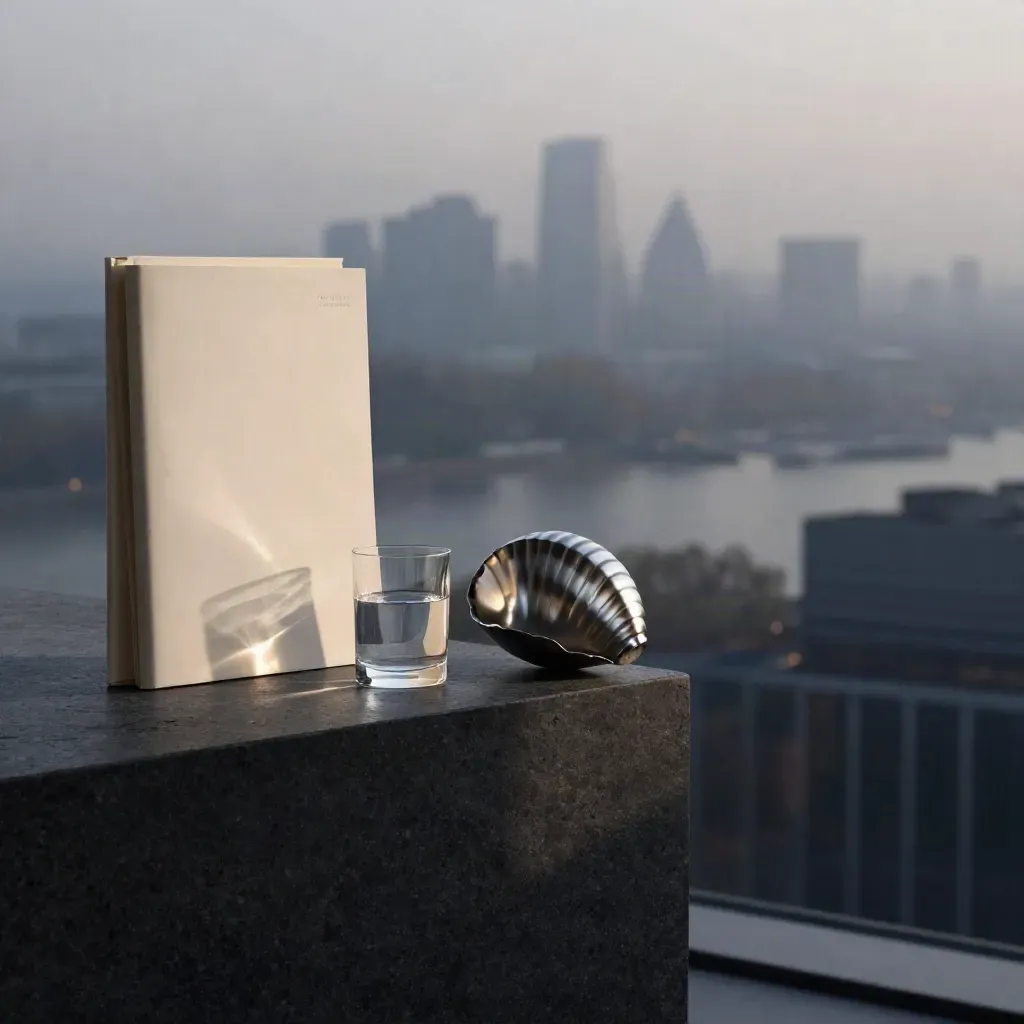 Charcoal plinth with deal folders and metal prototype before dawn, London skyline in mist.
