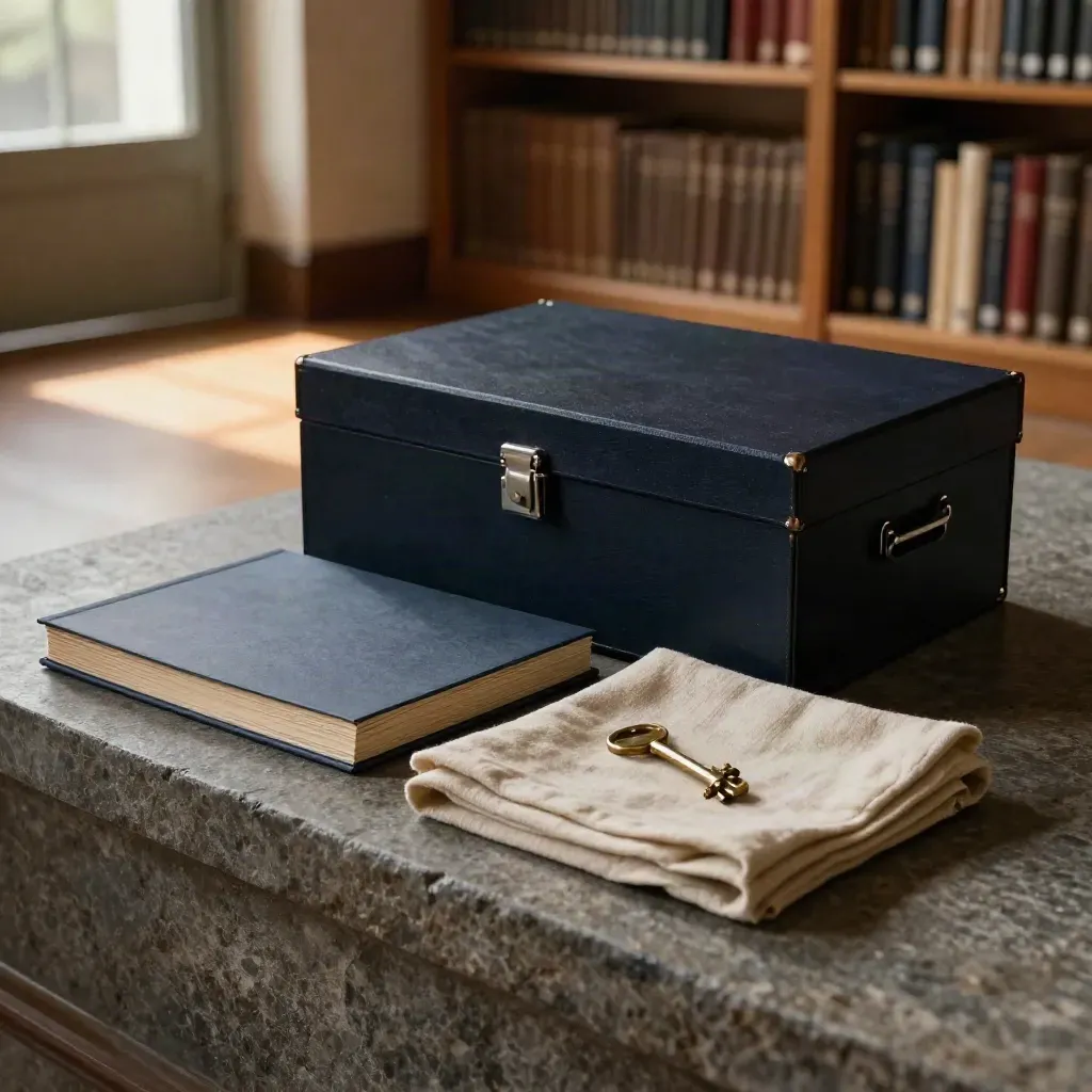 Archival exit-planning kit with navy box, folders and key on linen in a warm records room.