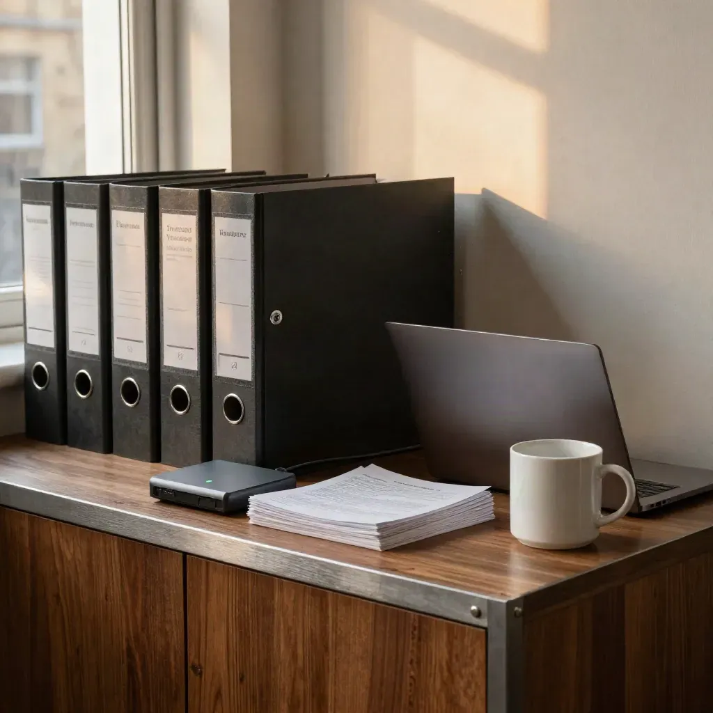Closed binders, half-down laptop, glowing dock and review cards on a walnut credenza in warm late light.