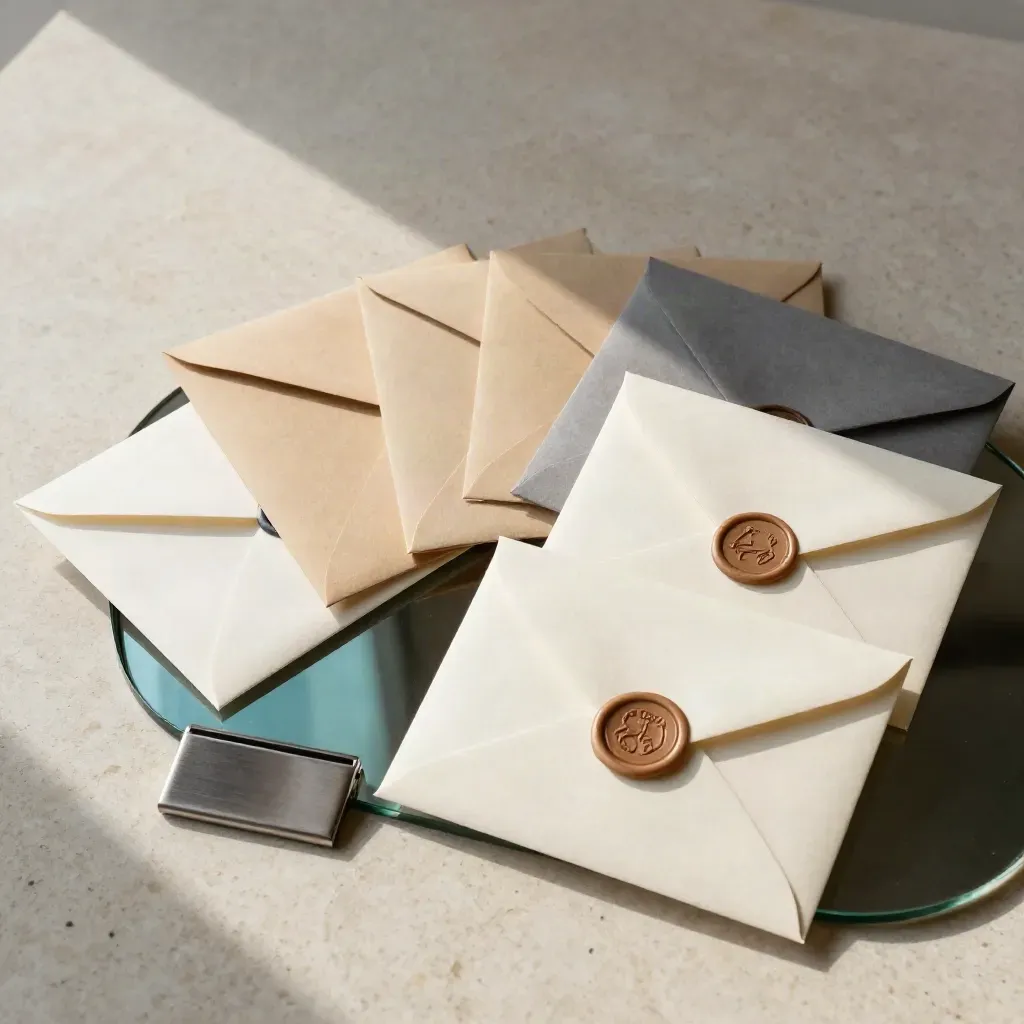 Top-down still life of five sealed invitation envelopes in an arc beside a metal card holder and glass tray.
