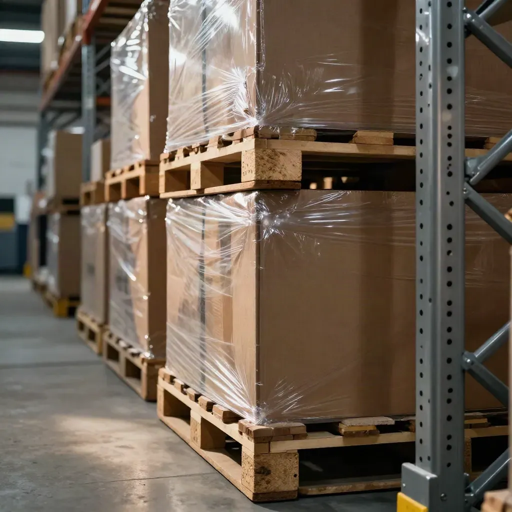 Shrink-wrapped cartons and pallets in a hazy ecommerce warehouse, lit by a raking industrial beam.