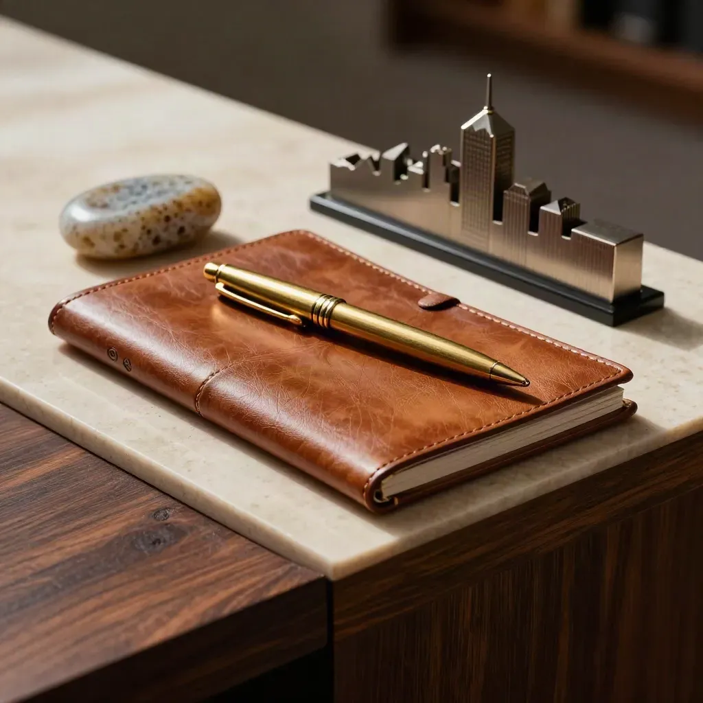 Moody still life of memo, brass pen, paperweight and skyline model on a dark shelf.