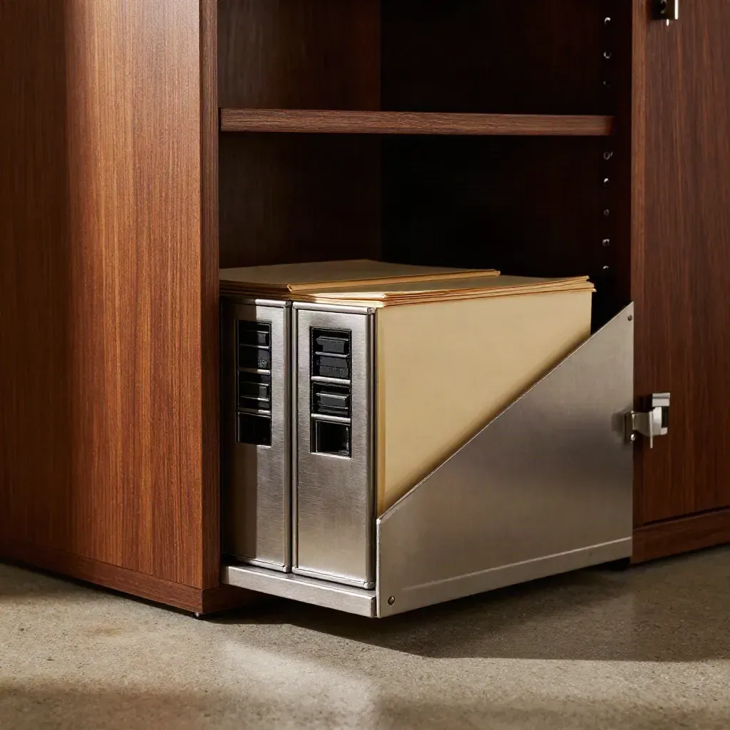 Archive cabinet, closed servers and sealed folders in a cool finance workspace, softly lit.