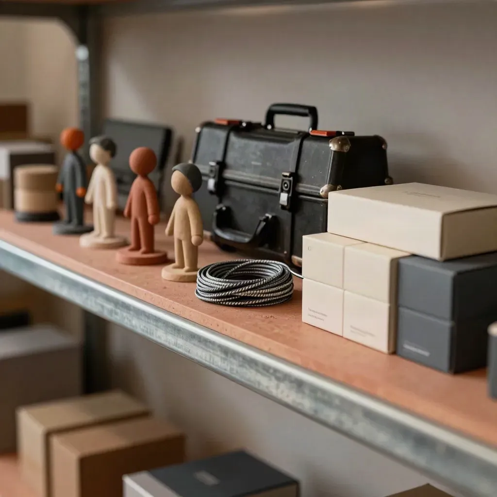 Startup maquettes, cables and toolkit on a terracotta shelf in dramatic side light