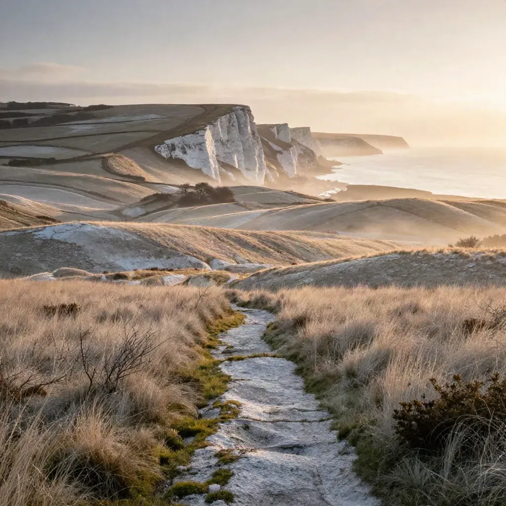 Sunrise over chalk downs and pale cliffs with mist, open calm foreground for copy