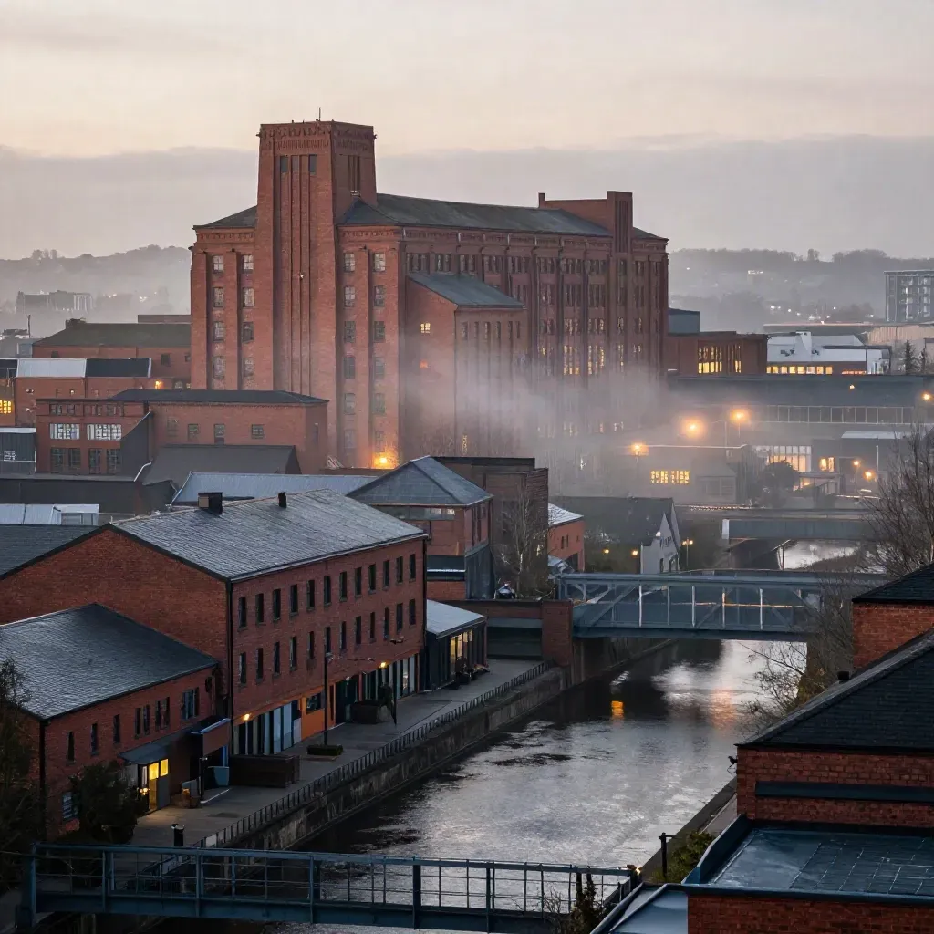 Blue-hour West Midlands mills and canal bridges in mist with calm copy space