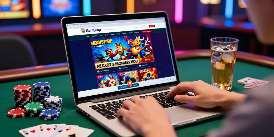 User engaging with a non gamstop casino website while surrounded by gaming chips and cards.