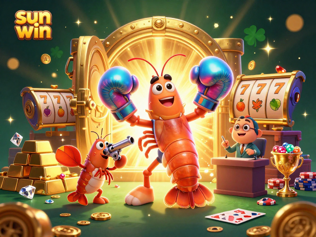 Join the sun win action with a mantis shrimp and friends celebrating casino wins with piles of gold.