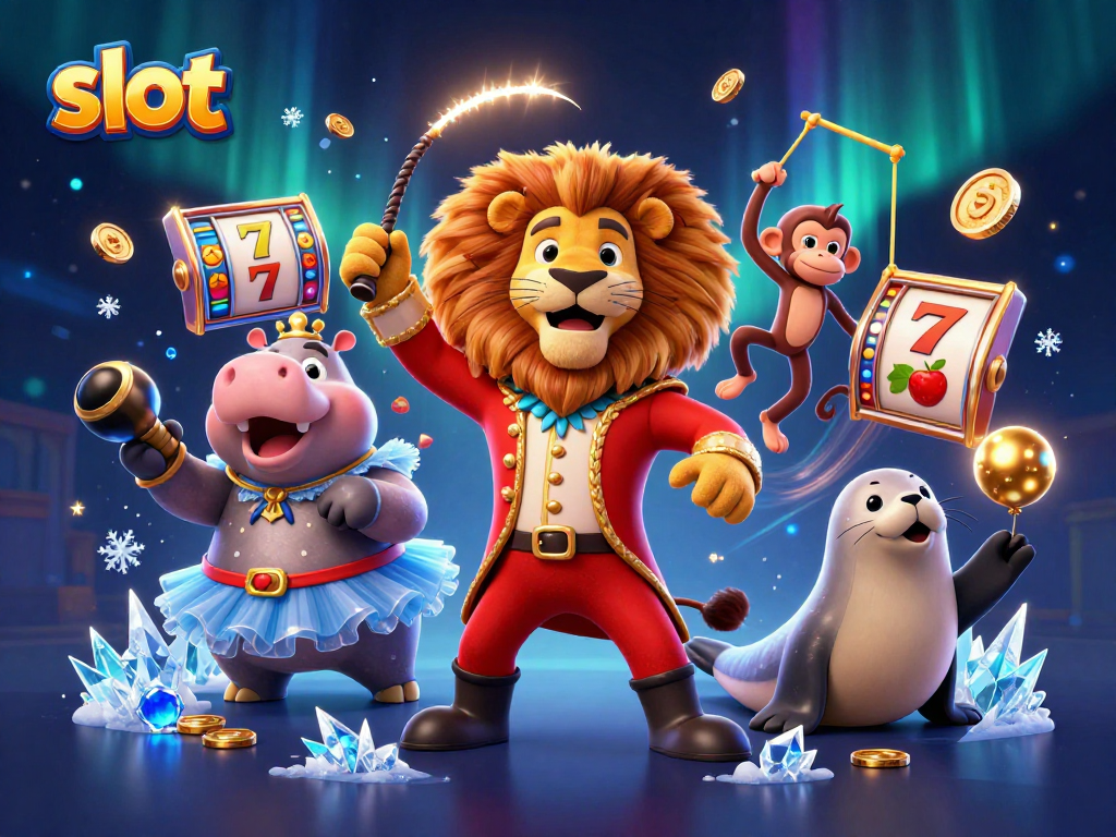 Spin the slot reels with vibrant circus characters in this captivating 3D illustration.