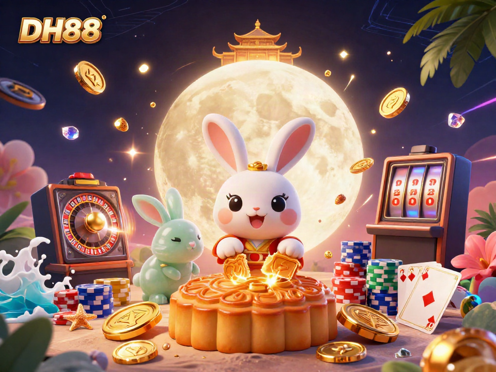 Experience the thrill of DH88 with a vibrant 3D illustration showcasing gambling elements and lunar folklore.