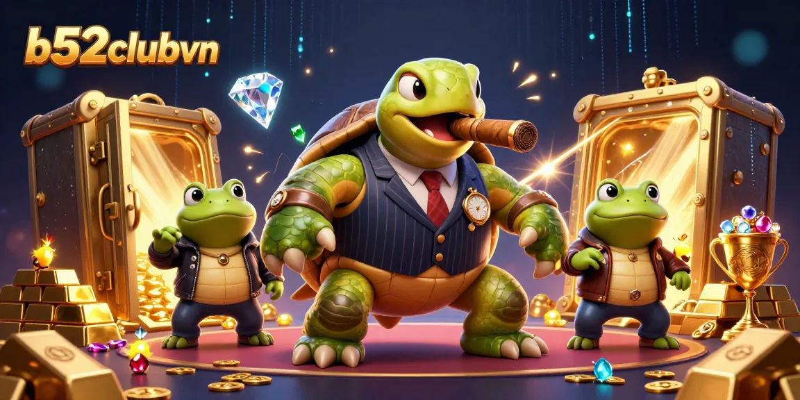 Bets on thrilling gameplay at b52clubvn, showcasing a turtle mobster and enforcers amidst casino treasures.