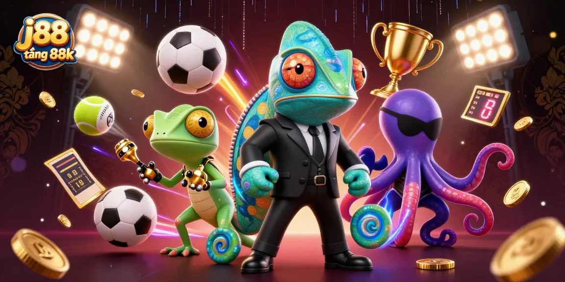 Experience the excitement of j88 tặng 88k with animated characters celebrating sports betting and vibrant casino elements.