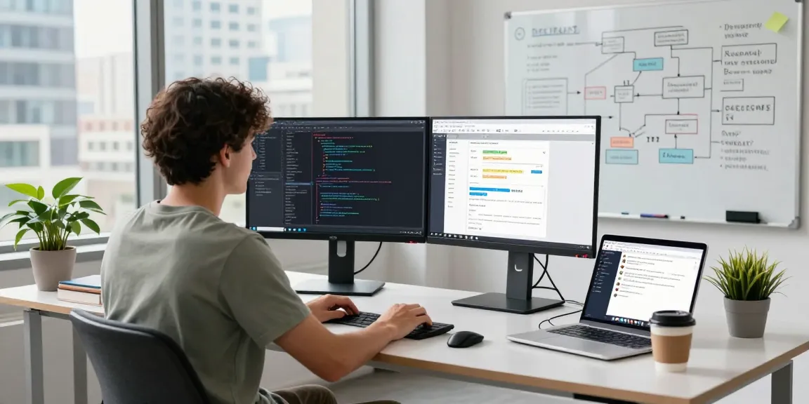 Building internal tools with AI in a modern workspace featuring dual monitors, coding sessions, and collaboration.