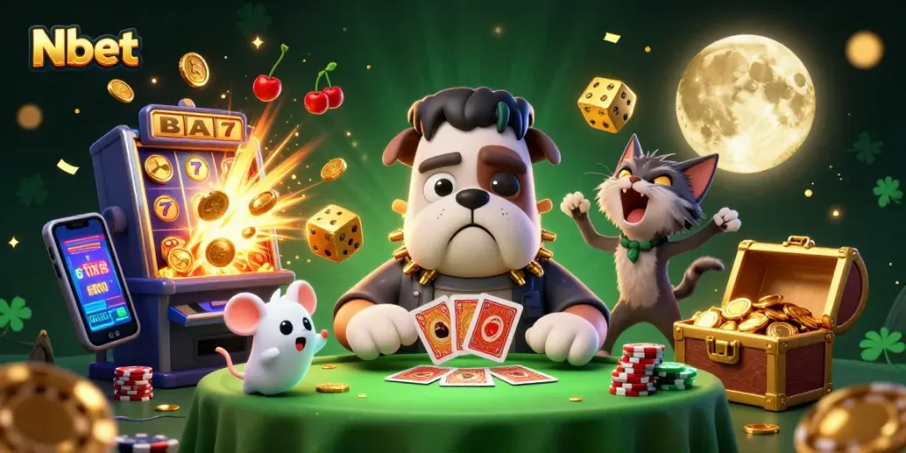 Nbet showcases a lively casino scene with a bulldog monster dealing cards and dynamic slot machine effects.