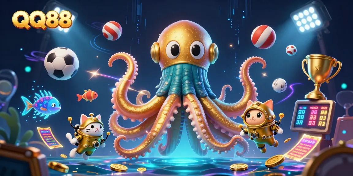 Engage with QQ88's dynamic gaming world featuring a whimsical kraken, diving cat, and sports excitement.