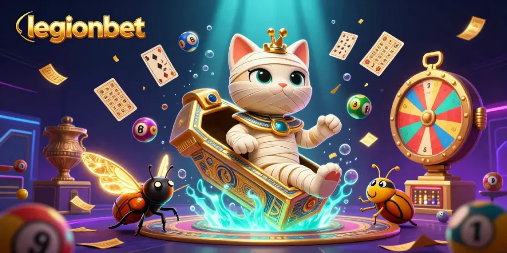 Play thrilling games at legionbet, where an Egyptian cat bursts from a sarcophagus amidst vibrant casino elements.