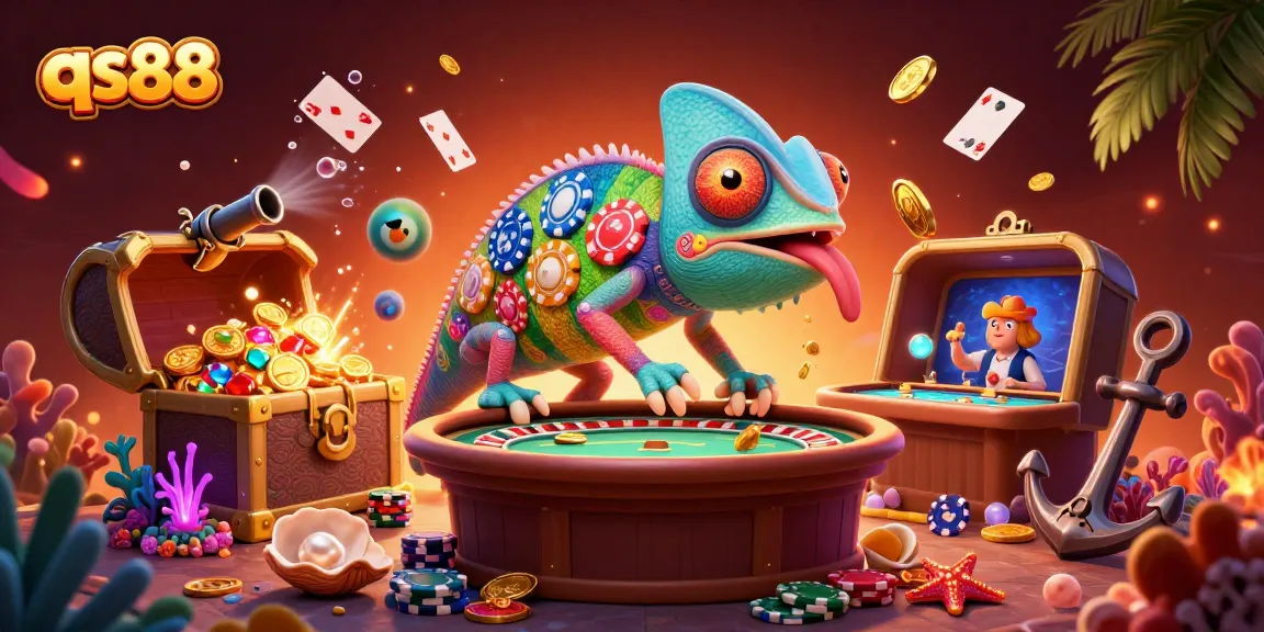 Engage with qs88's exciting casino scene featuring a vibrant chameleon and dynamic game elements.