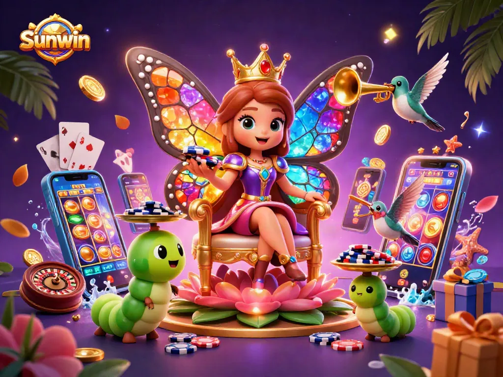 Engage with Sunwin's exciting casino experience featuring vibrant illustrations of games and characters.