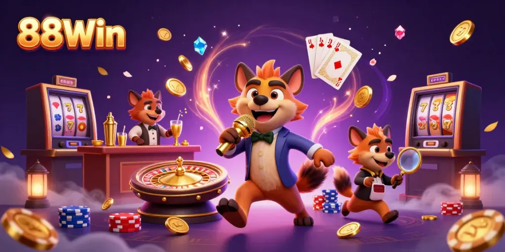 Experience exciting moments at 88Win with a vibrant 3D cartoon scene illustrating a comedy casino club atmosphere, captivating and fun.