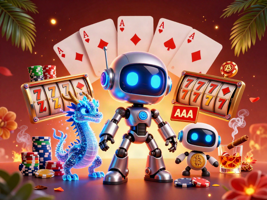Experience thrilling gameplay at Balislot with a dazzling 3D illustration of a cyberpunk robot and dragon in a casino setting.