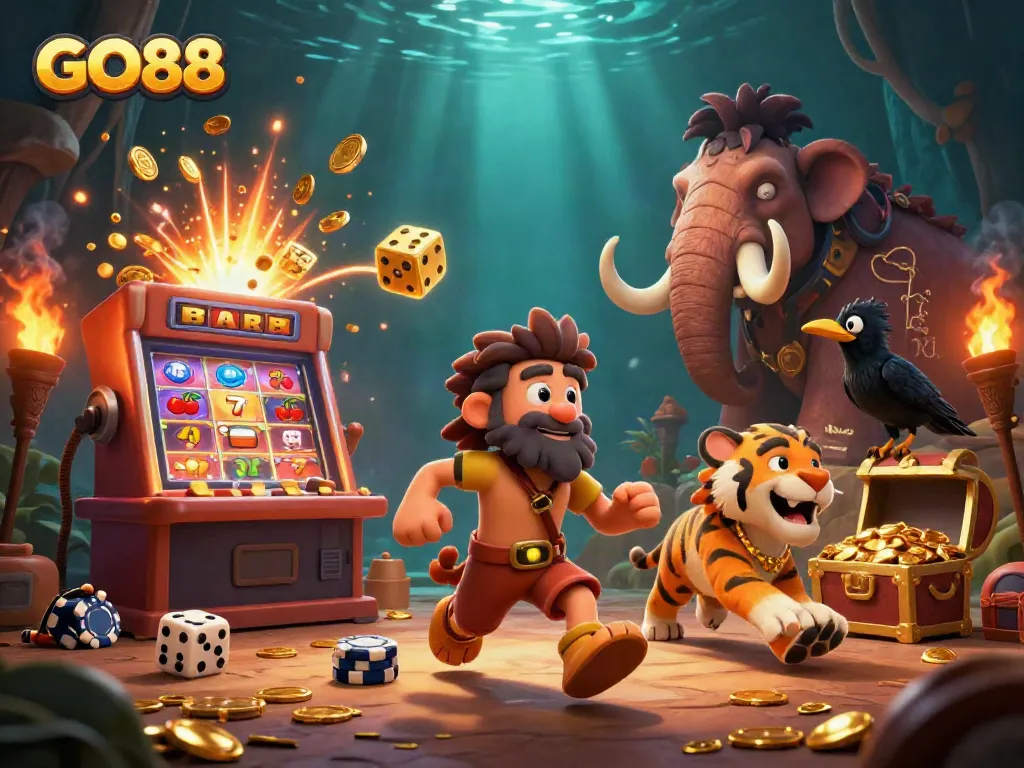 Experience exciting action at GO88 with a vibrant prehistoric casino scene showcasing unique characters and dynamic game elements.
