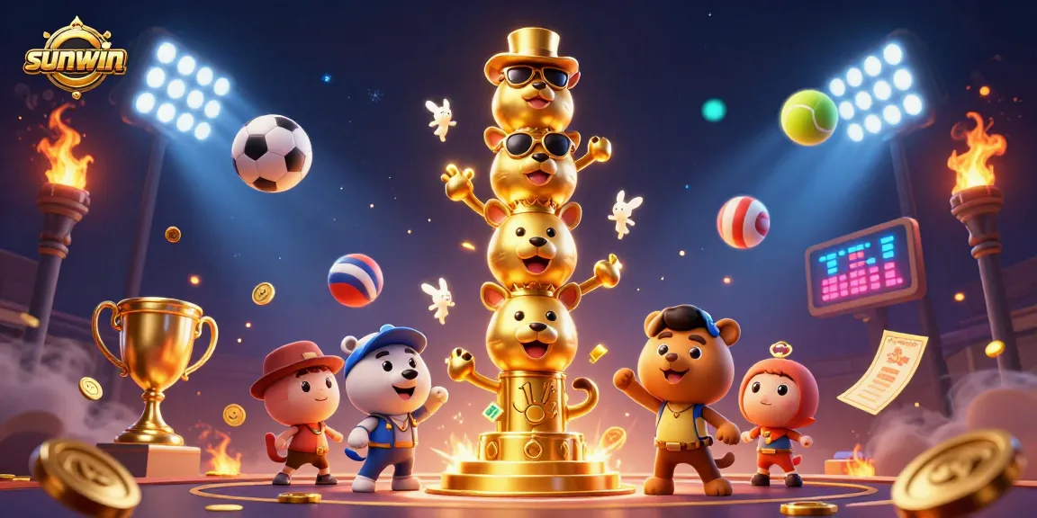Sunwin offers an engaging and dynamic 3D illustration featuring casino game elements and a playful totem.