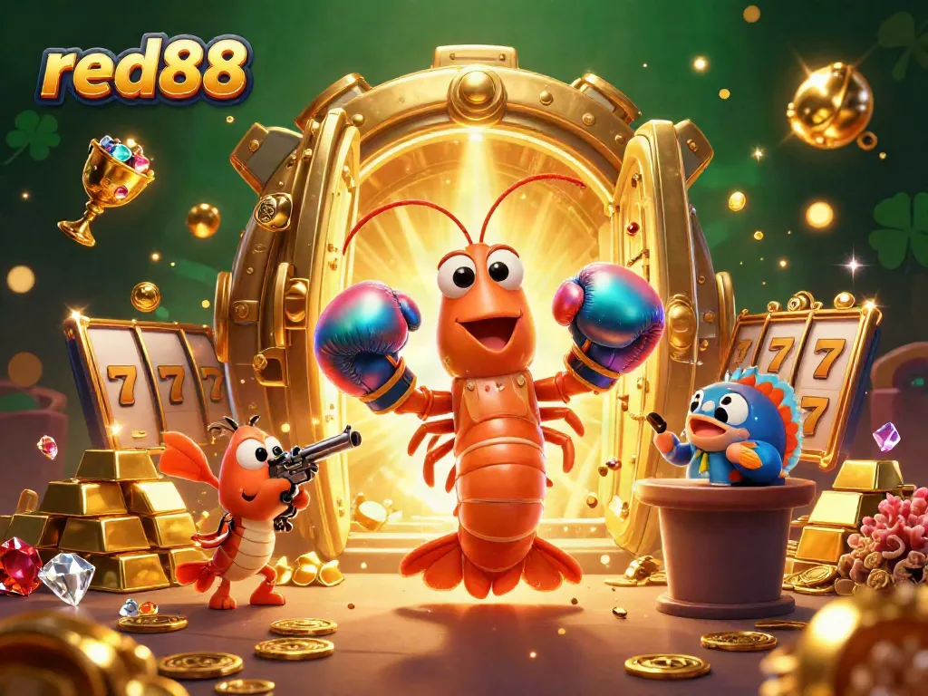 Engage with thrilling red88 slot games as vibrant characters navigate a treasure-filled casino.