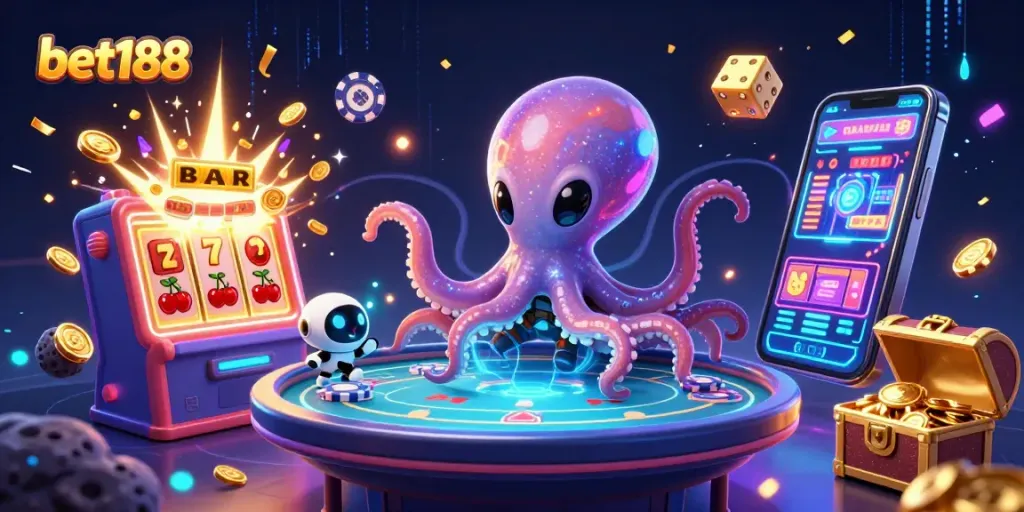 Engage with bet188's exciting casino games featuring a quirky alien octopus at a holographic poker table.